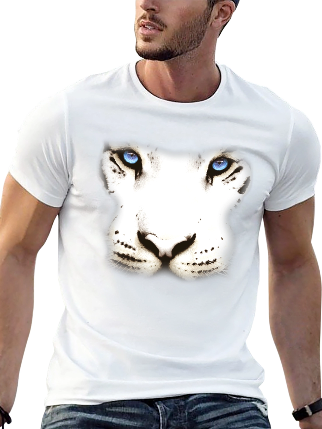 White Tiger Face Graphic Black T-Shirt