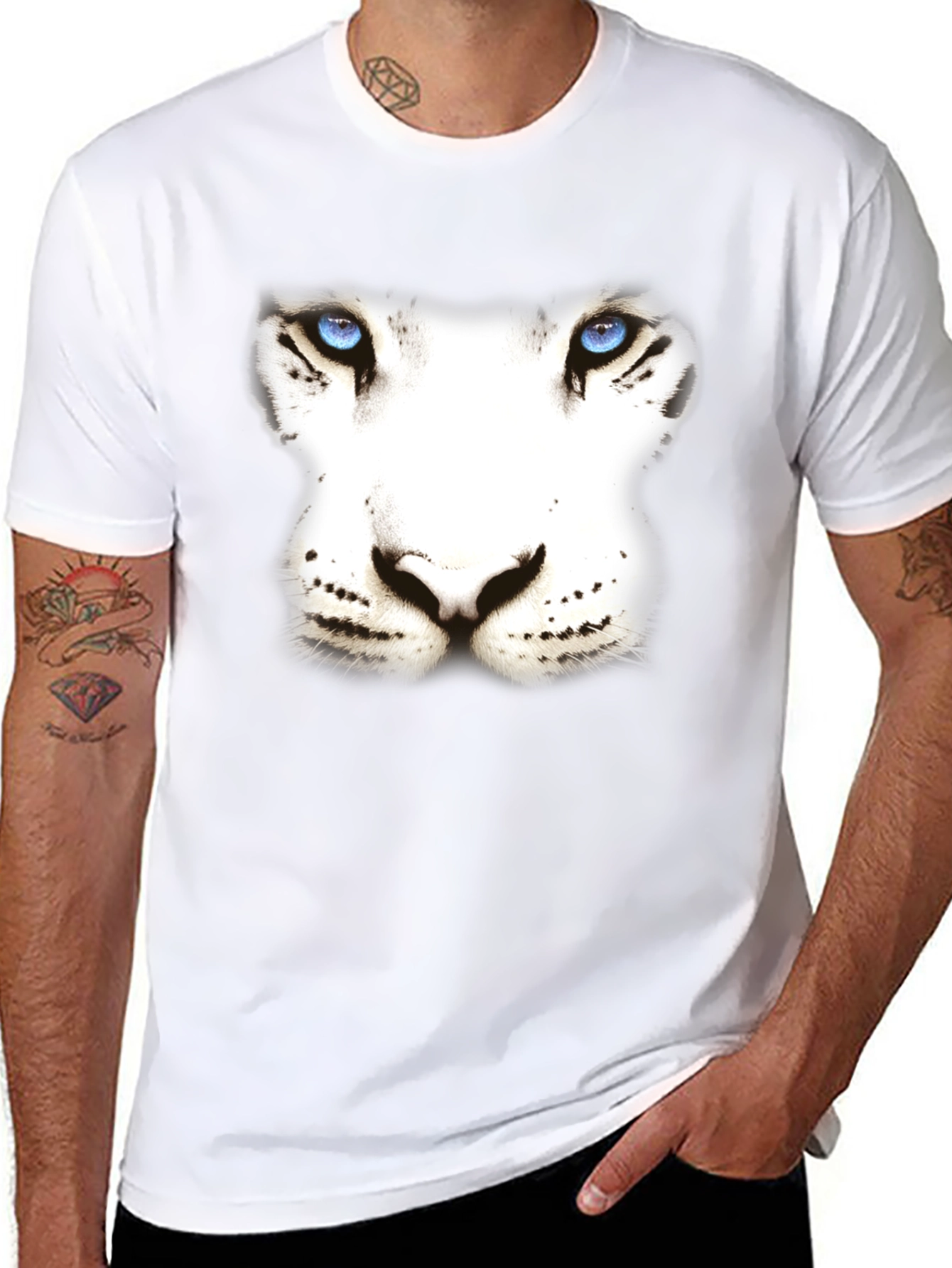 White Tiger Face Graphic Black T-Shirt