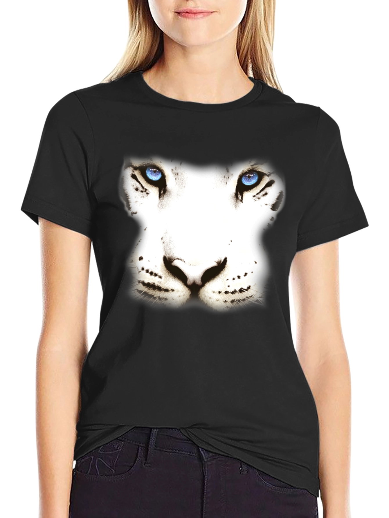 White Tiger Face Graphic Black T-Shirt