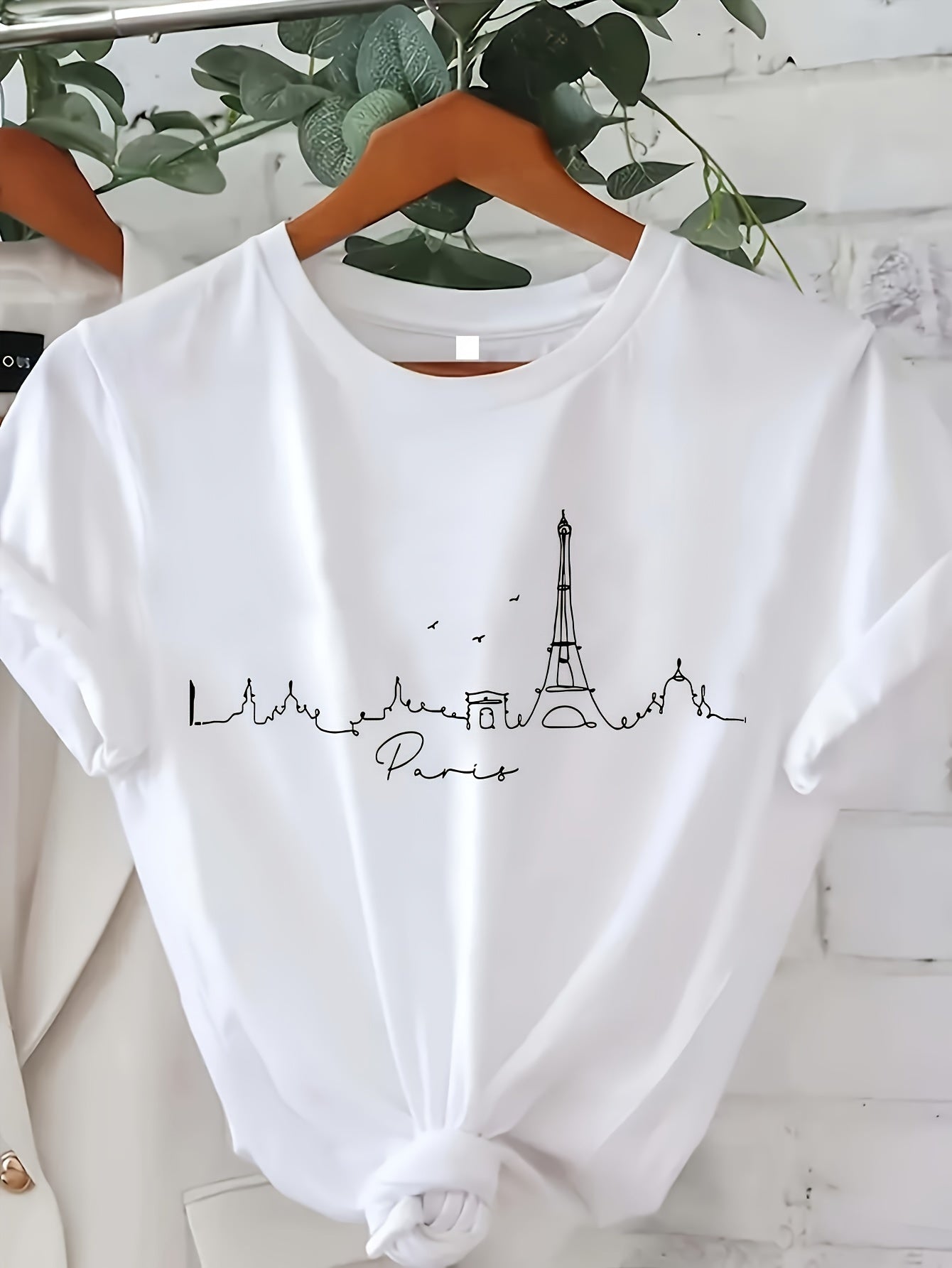 Women's Paris Print T-Shirt - Eiffel Tower & Landmark Design with Cursive Lettering, Slim Fit Short Sleeve Round Neck Casual Top, Breathable Summer Tee for Casual Attire & Light Exercise, Machine Washable, Ladies T-shirts, Summer Fashion, Comfortable Fit