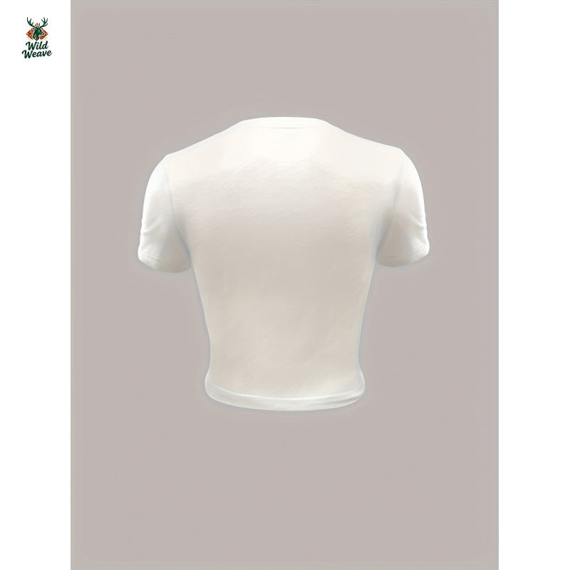 Women's Y2K Glossy Lip & Bead Print Crop Tee - Short Sleeve Round Neck Button-Like Lip Design, Slim Fit Summer Blouse, Machine Washable Casual Party Outfit (Pink/White), Non-Sheer