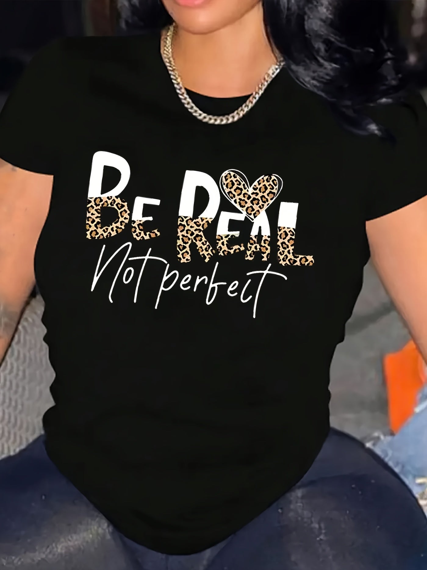 Women'S Casual T-Shirt with "BE REAL NOT PERFECT" Leopard Print Lettering - Relaxed Fit Short Sleeve Round Neck Top for Spring Summer Fall Casual Attire, Positive Affirmation Graphic Tee for Women