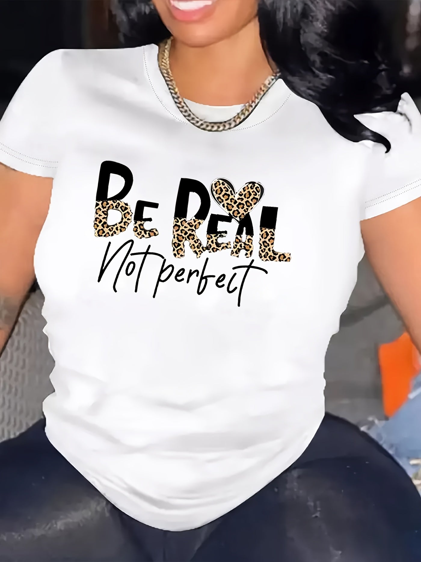 Women'S Casual T-Shirt with "BE REAL NOT PERFECT" Leopard Print Lettering - Relaxed Fit Short Sleeve Round Neck Top for Spring Summer Fall Casual Attire, Positive Affirmation Graphic Tee for Women