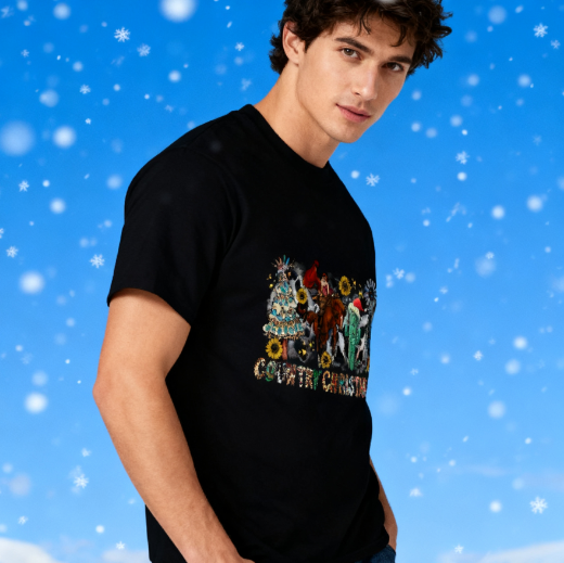 Country Christmas Western Graphic T-Shirt - 100% Cotton, Festive Exclusive for Holiday Gatherings & Casual Occasions