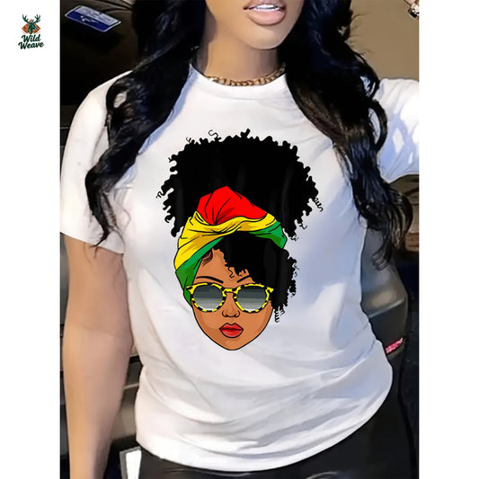 Women's Casual Short Sleeve T-Shirt - Vibrant African American Woman Portrait Graphic (Colorful Dreadlocks, Fashion Glasses & Headwrap), Semi-Sheer Round Neck, Regular Fit, Medium Elasticity, Machine Washable All-Season Street Style Apparel