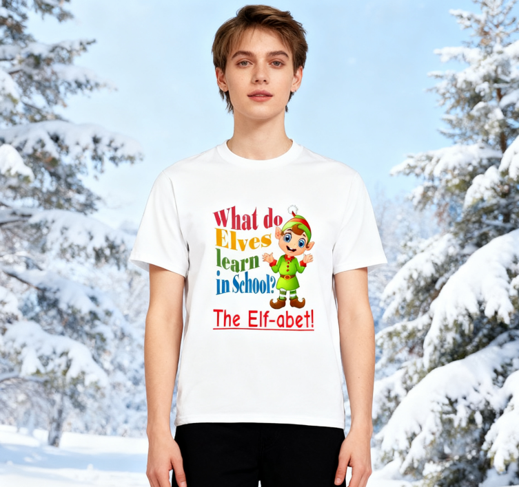 Christmas Elf Alphabet Pun T-Shirt - 100% Cotton, Festive & Casual Wear for Holiday Gatherings & Daily Style