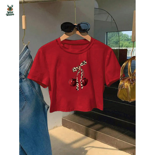 Women'S Cherry Print Cropped T-Shirt - Short Sleeve Crew Neck, Lightweight & Breathable, Perfect for Spring/Summer Casual Wear, Machine Washable, Stylish Slim Fit Design, Everyday Tshirt | Trendy Casual Style | Glossy Texture