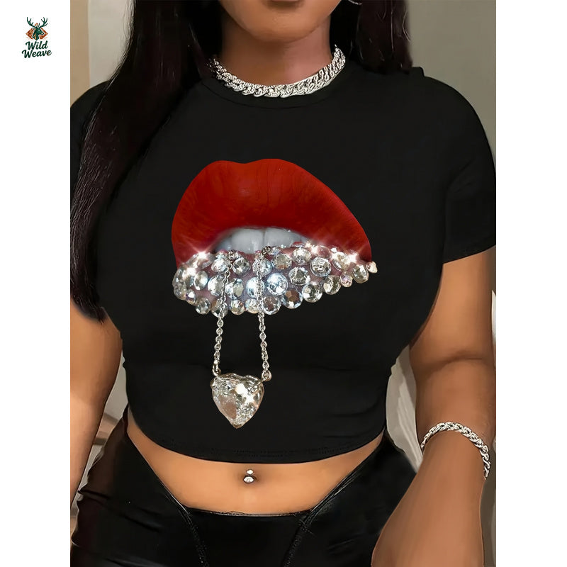 Women's Y2K Lip Print Crop T-Shirt - Short Sleeve Crew Neck Top with Lip & Face Pattern (Upper Lip/Full Lips), Medium Stretch Fabric, Non-Sheer Spring Summer Casual Blouse for Lipstick Lips or Lips