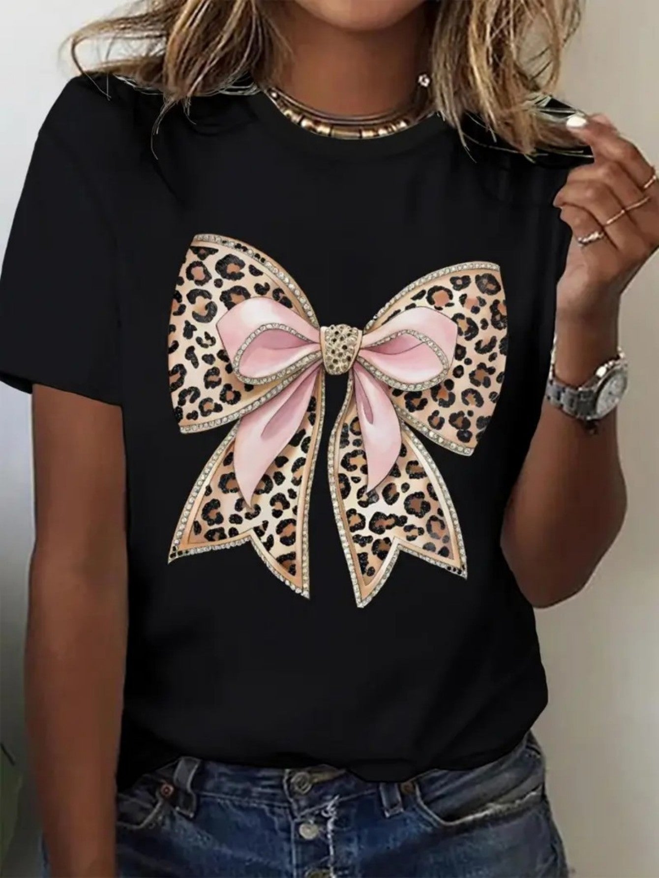 Women'S Short Sleeved T-Shirt, Loose Short T-Shirt, Summer Korean Version, Middle-Aged, Stylish, Age Reducing, Half Sleeved, Women'S Versatile, Black, Plus, Plus Round Neck Top, Printed, Casual And Fashionable