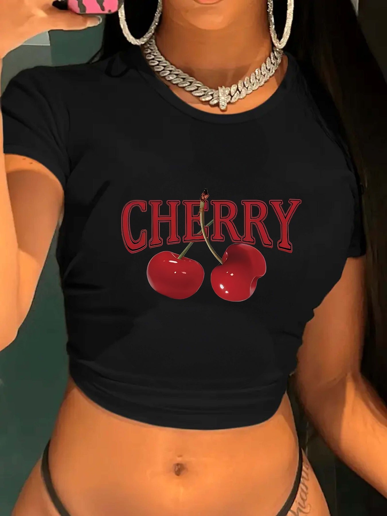 Womens Pure - Black Crop Top: Cherry Pop Chic: Vibrant Black Graphic Crop Top - Easy Maintenance Perfect for Seasonal Style Fashion-Forward Graphic Top