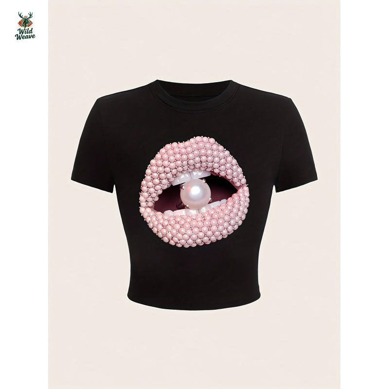 Women's Y2K Glossy Lip & Bead Print Crop Tee - Short Sleeve Round Neck Button-Like Lip Design, Slim Fit Summer Blouse, Machine Washable Casual Party Outfit (Pink/White), Non-Sheer
