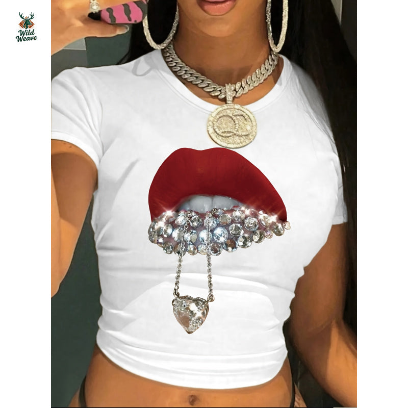 Women's Y2K Lip Print Crop T-Shirt - Short Sleeve Crew Neck Top with Lip & Face Pattern (Upper Lip/Full Lips), Medium Stretch Fabric, Non-Sheer Spring Summer Casual Blouse for Lipstick Lips or Lips