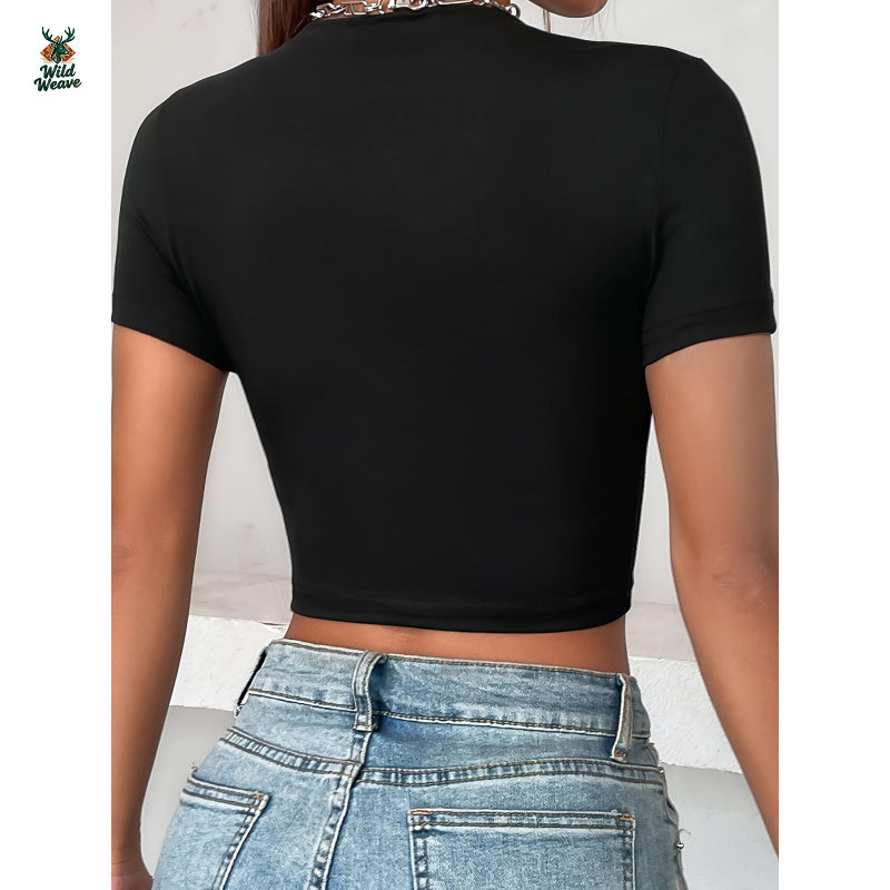 Women'S Sexy Cropped T-Shirt with Print, 100% Polyester Crew Neck, Medium Stretch Knit Fabric, Summer Season Top, 180gsm - Black