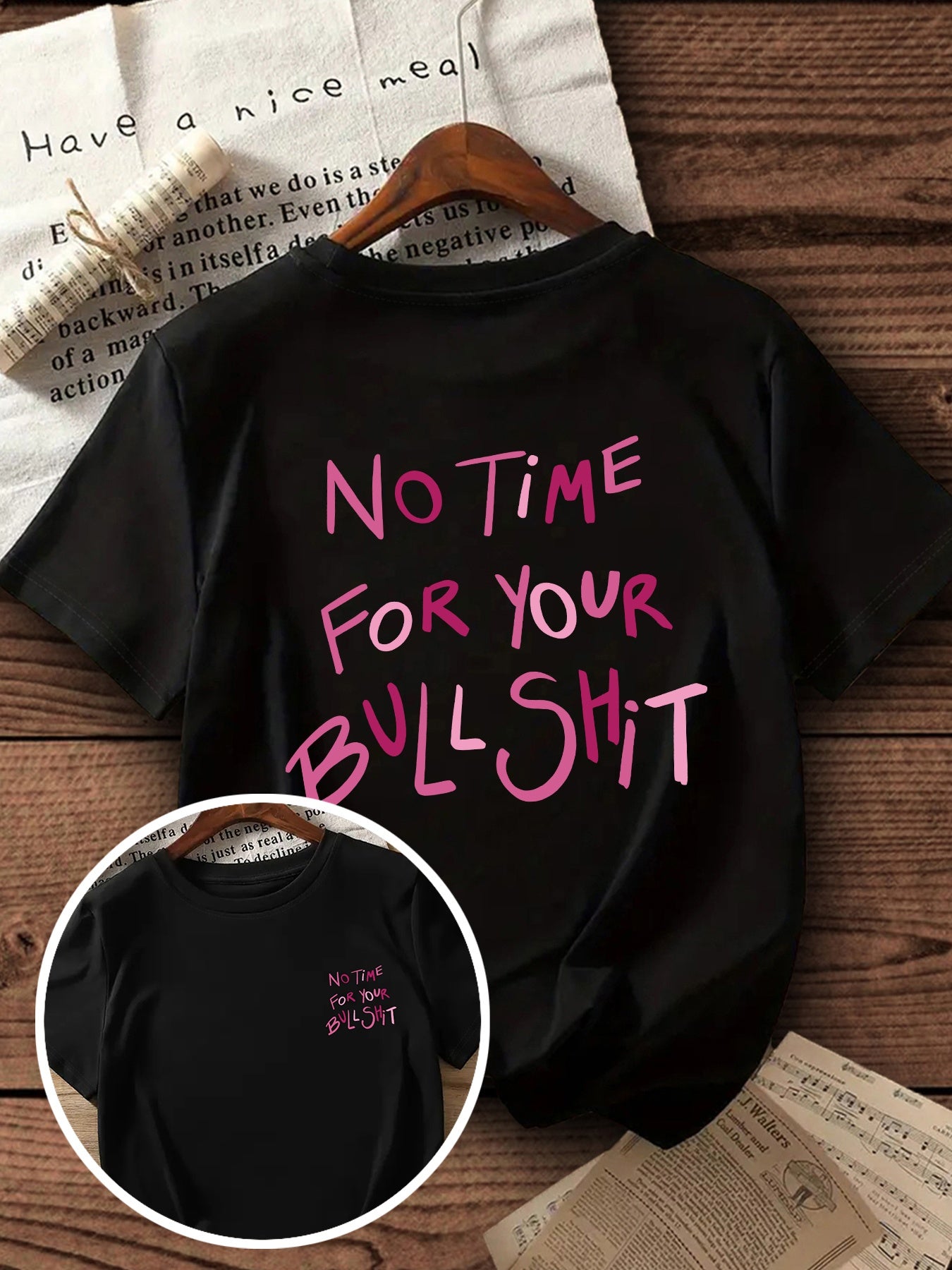 Women's Casual Short Sleeve T-Shirt with Bold "NO TIME for YOUR BULLSHIT" Pink Letter Print - Black Round Neck Summer Top, Machine Washable & All-Season Comfort, Ladies T Shirts, Relaxed Style, Statement Shirt, Durable Construction, Print Shirt, Fashion L