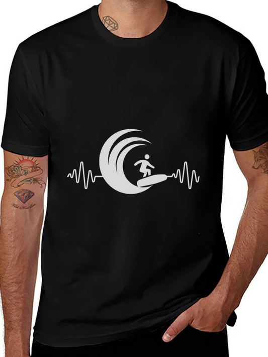 Surfer Wave Heartbeat T-Shirt - Black Graphic Tee
