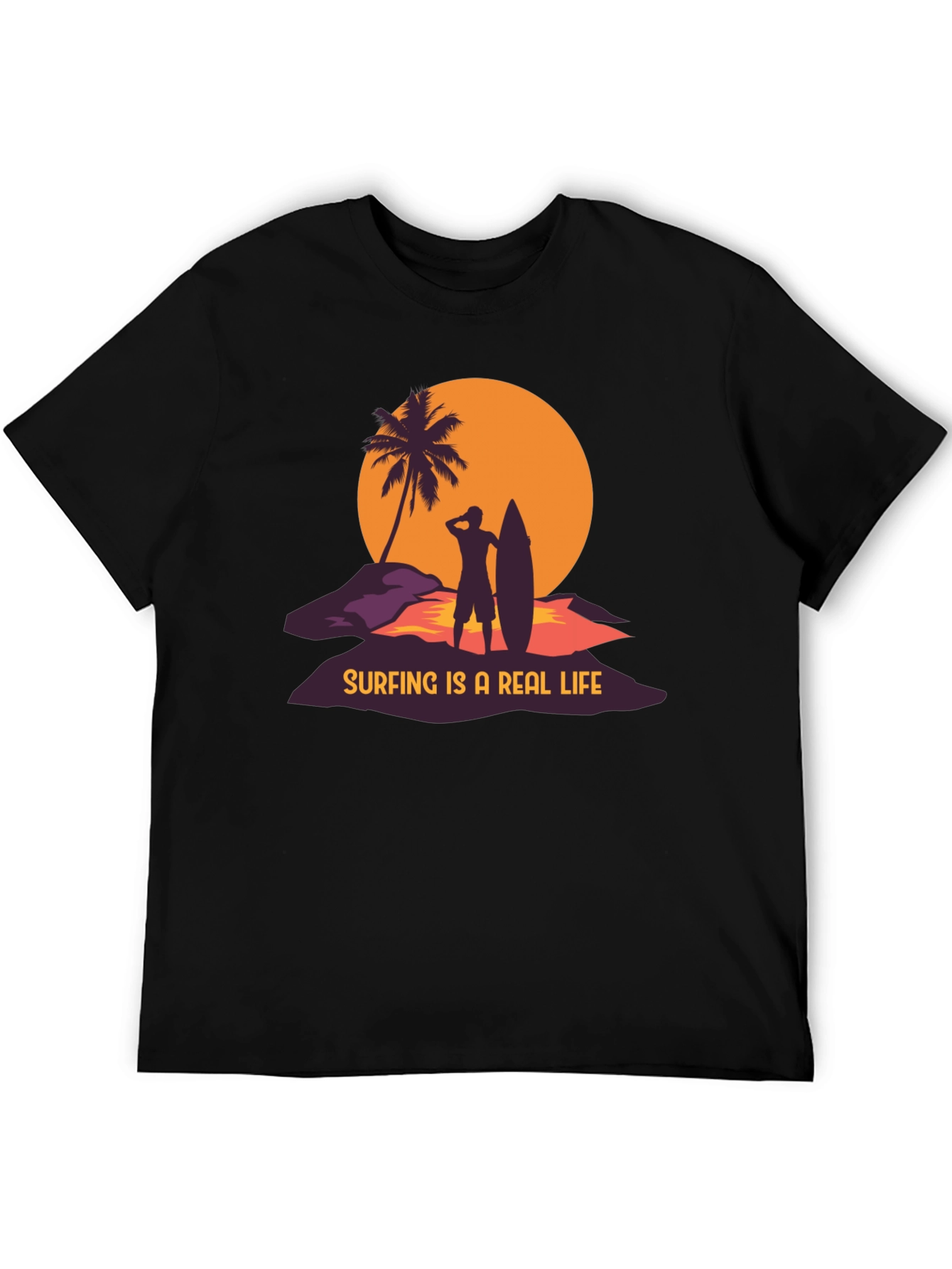 Surfing is a Real Life Black Graphic T-Shirt