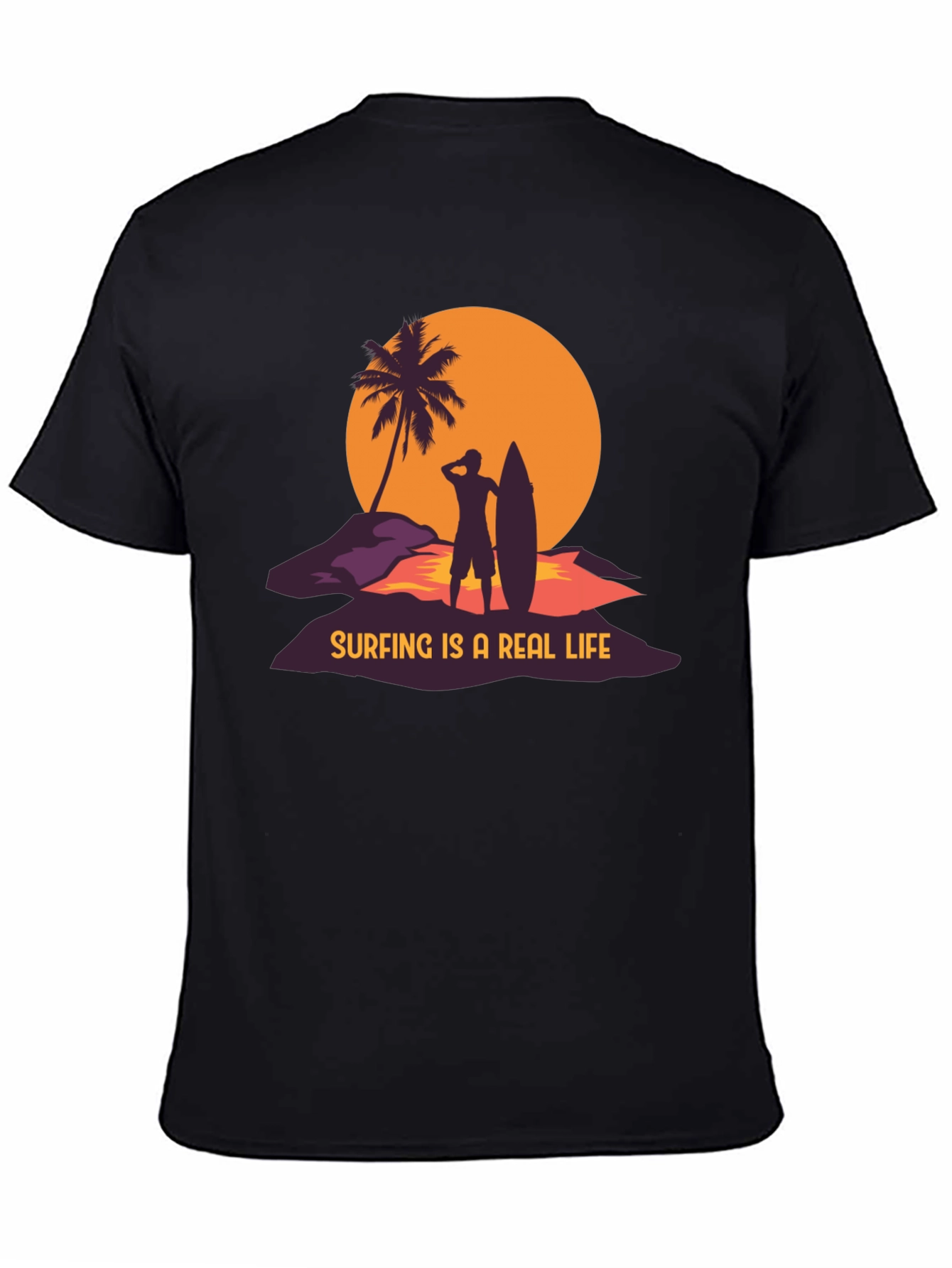 Surfing is a Real Life Black Graphic T-Shirt