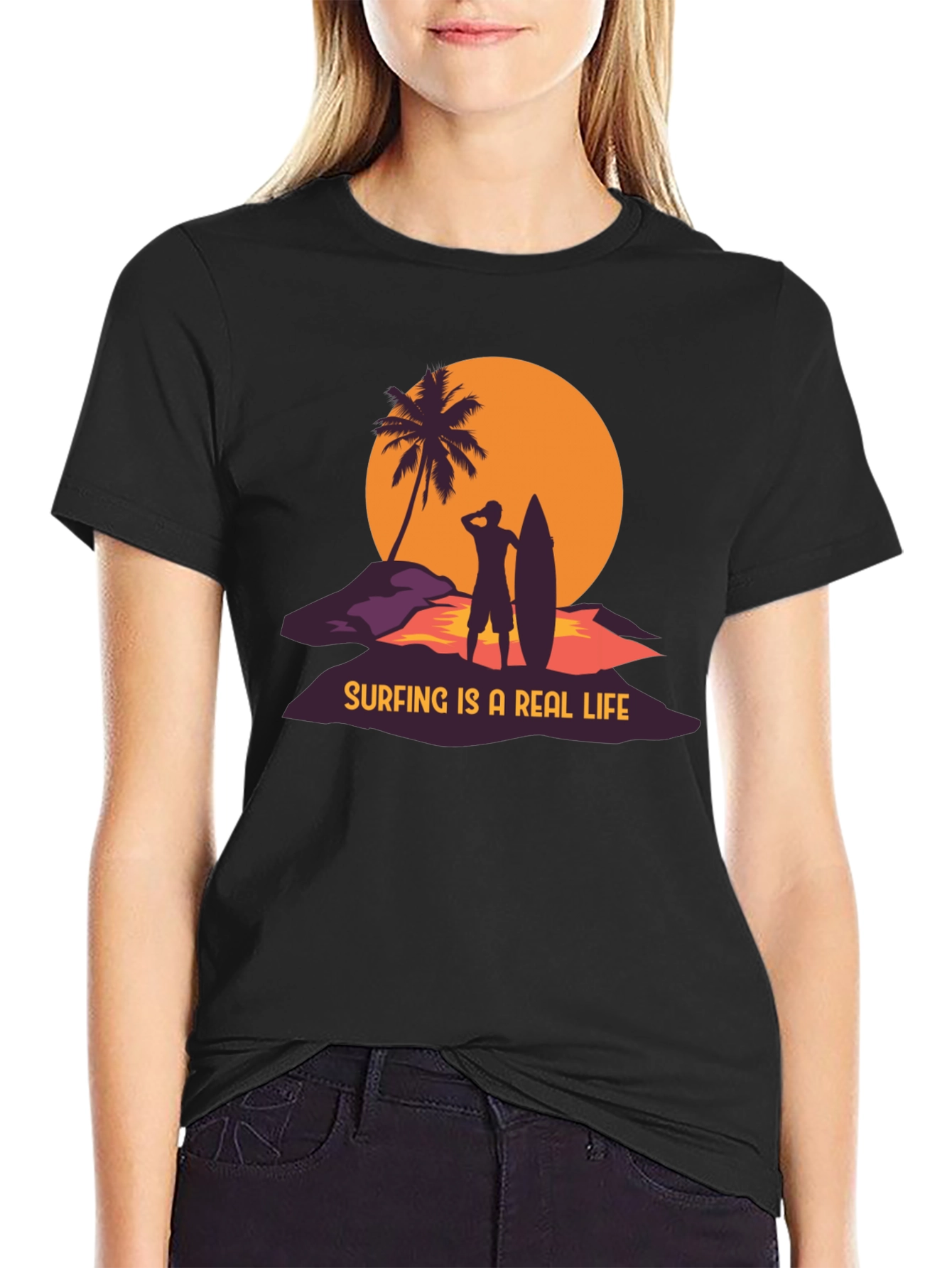 Surfing is a Real Life Black Graphic T-Shirt