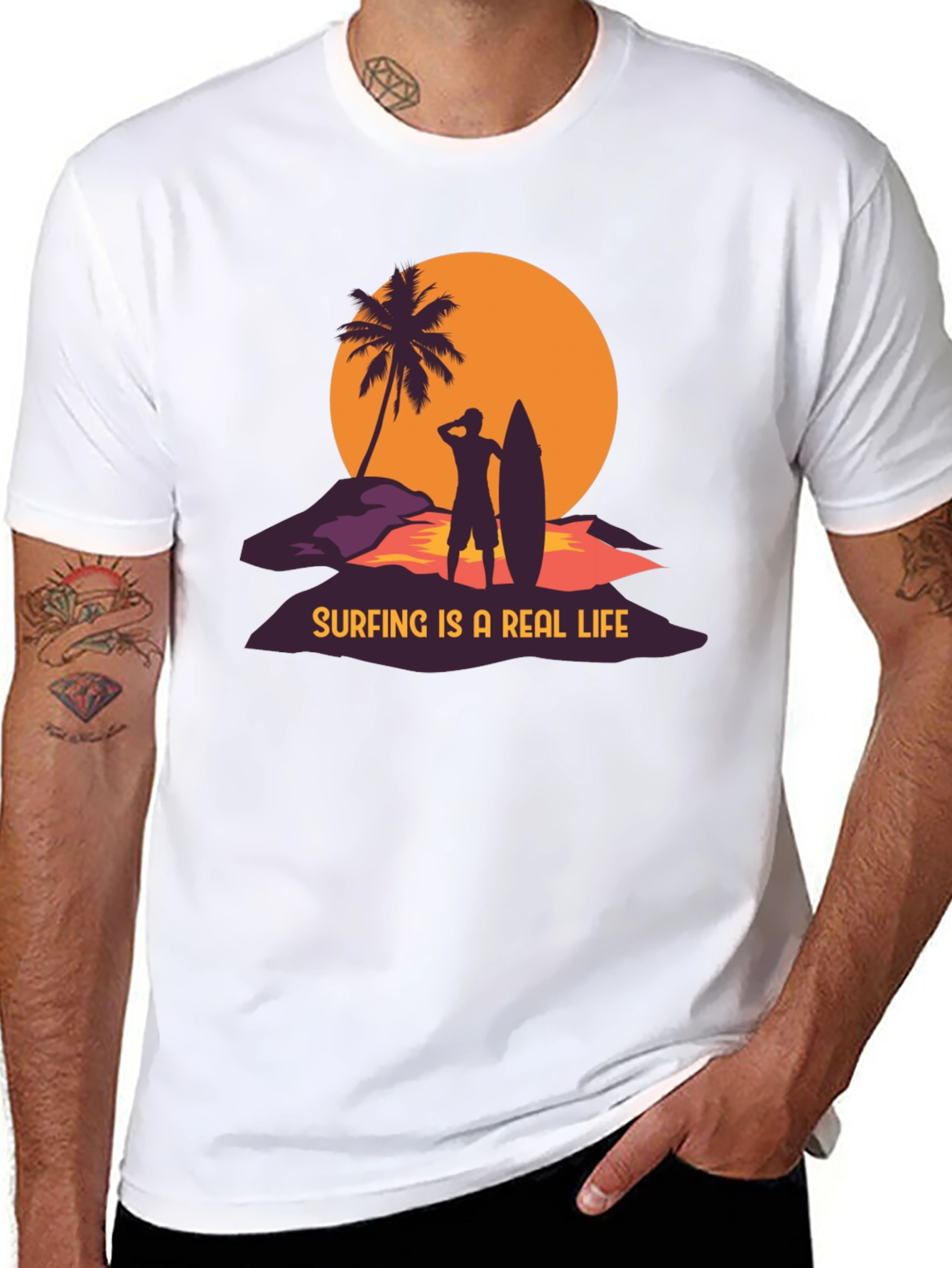 Surfing is a Real Life Black Graphic T-Shirt