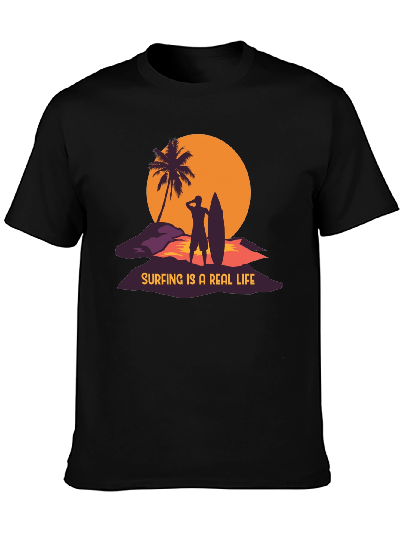 Surfing is a Real Life Black Graphic T-Shirt