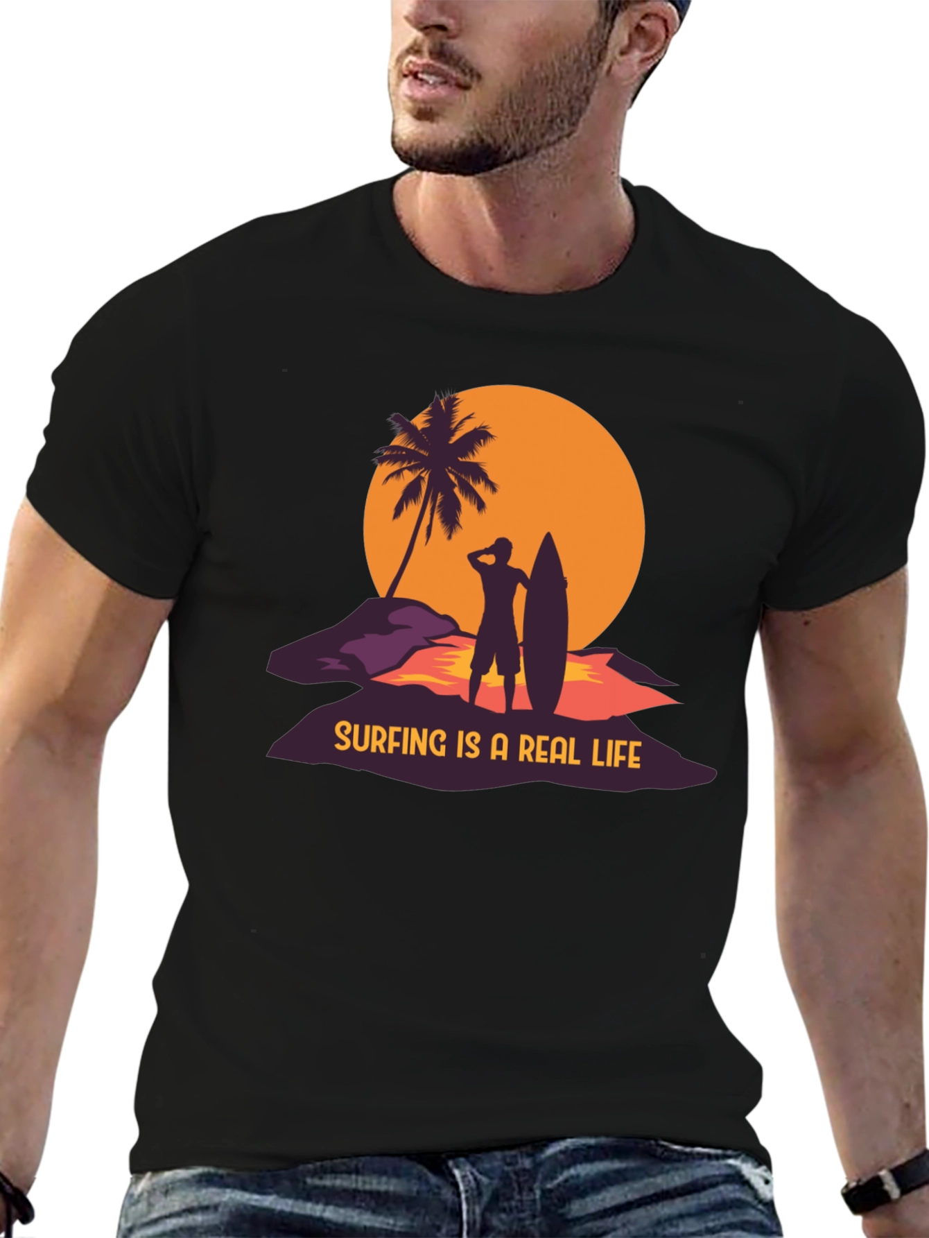 Surfing is a Real Life Black Graphic T-Shirt