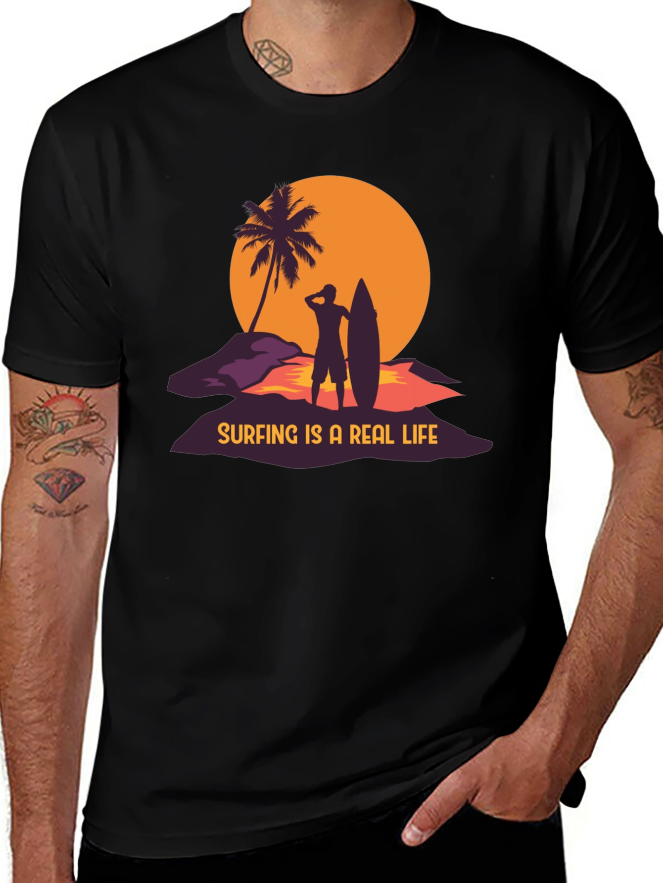 Surfing is a Real Life Black Graphic T-Shirt