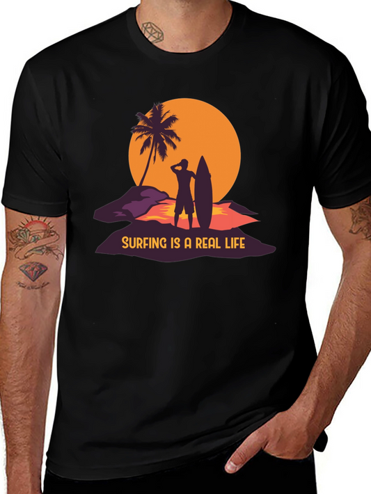 Surfing is a Real Life Black Graphic T-Shirt