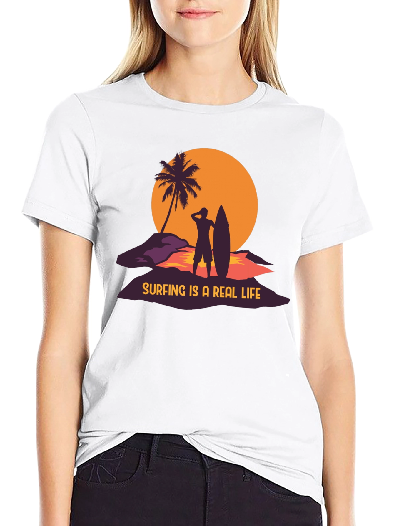 Surfing is a Real Life Black Graphic T-Shirt
