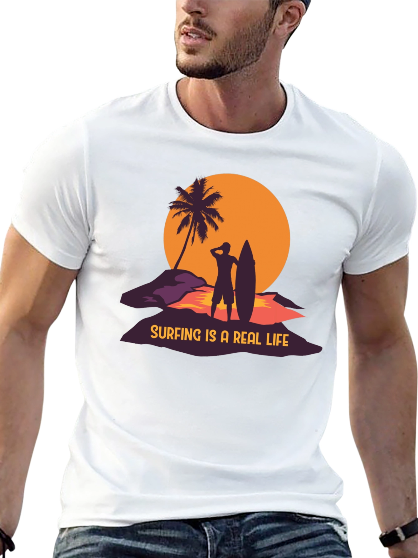 Surfing is a Real Life Black Graphic T-Shirt