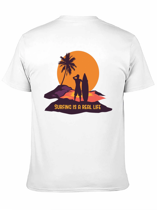Surfing is a Real Life Black Graphic T-Shirt