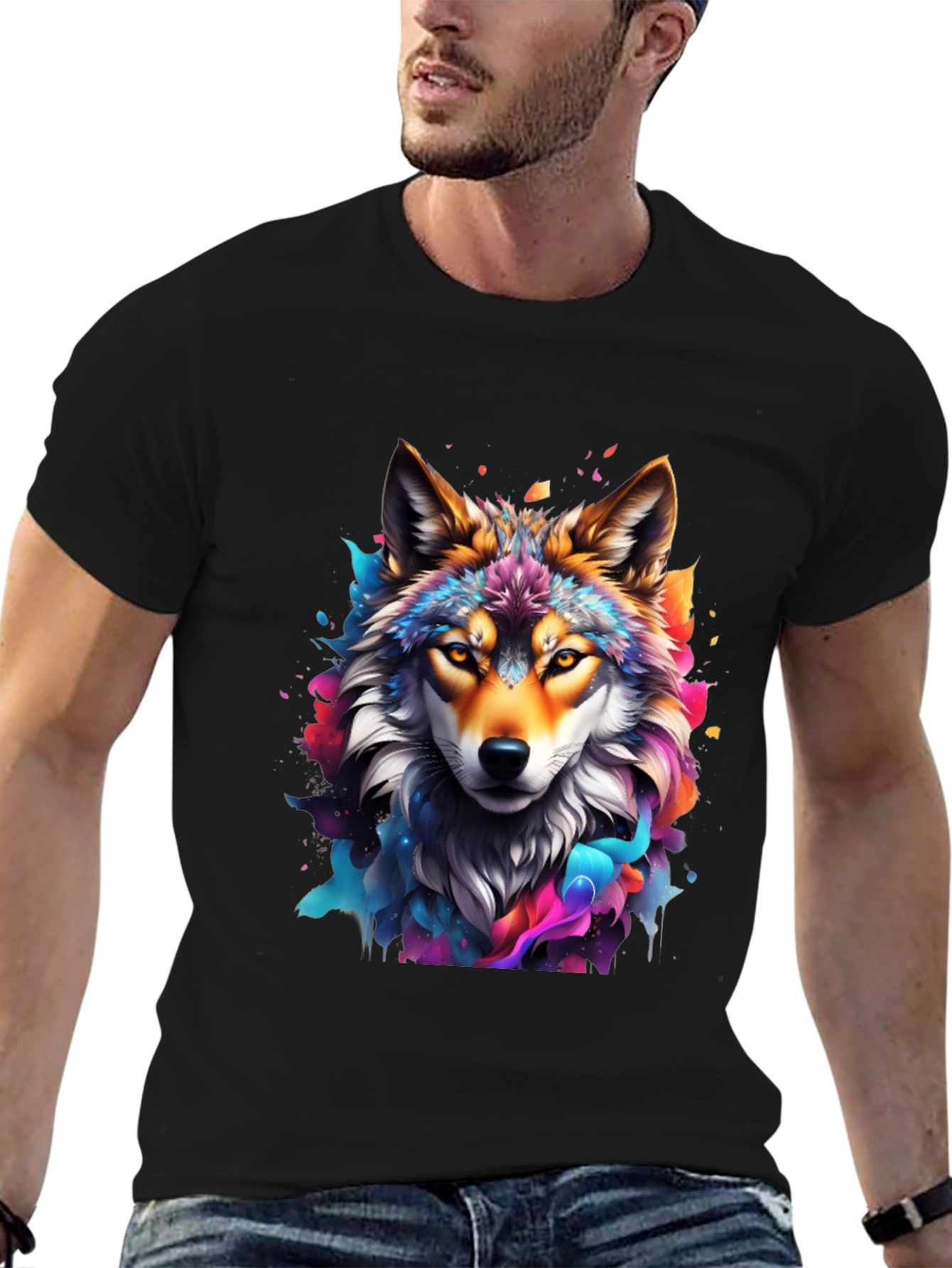 Vibrant Wolf Graphic Tee - Artistic Mens Black T-Shirt