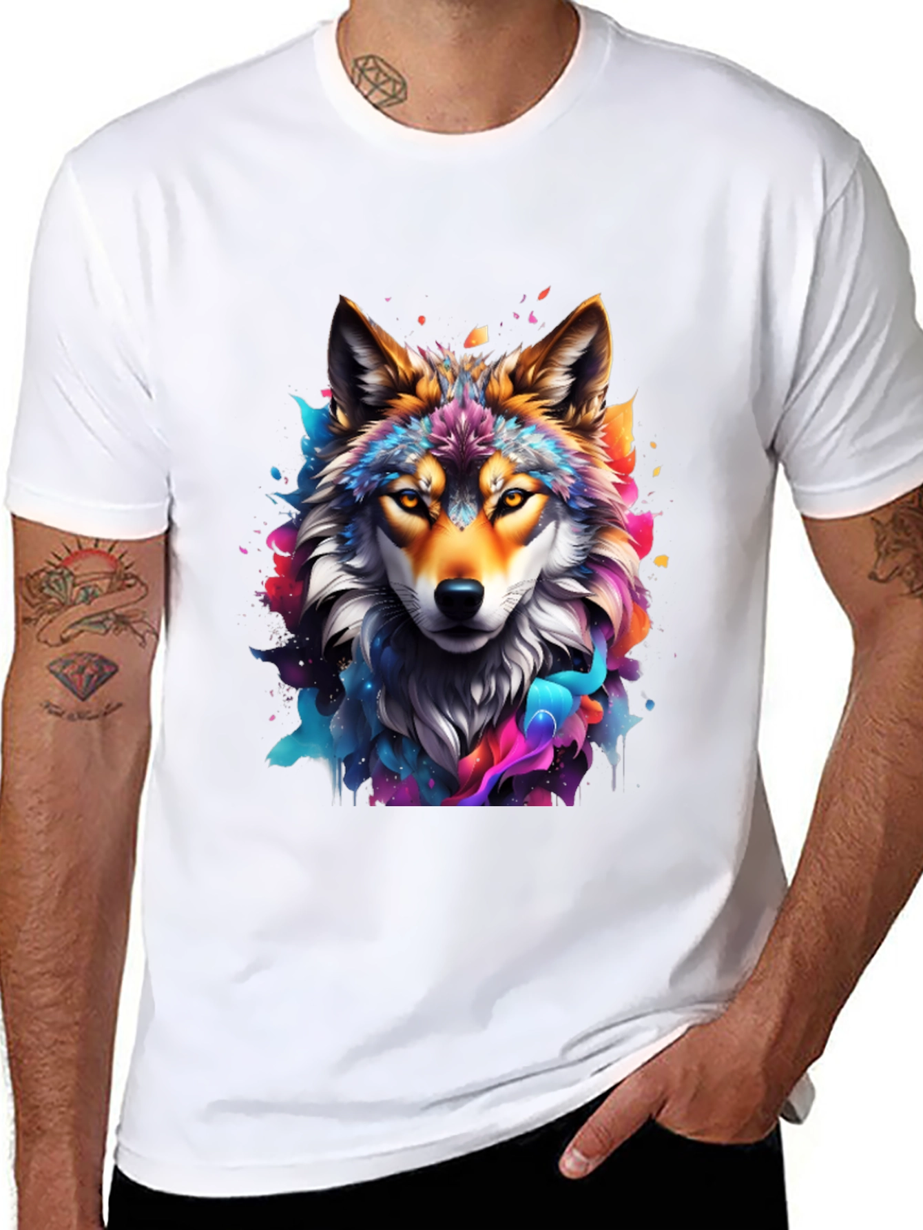Vibrant Wolf Graphic Tee - Artistic Mens Black T-Shirt