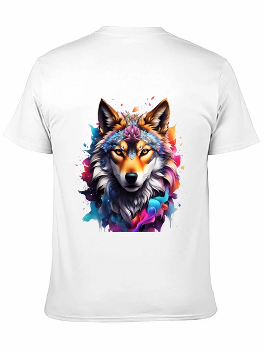 Vibrant Wolf Graphic Tee - Artistic Mens Black T-Shirt
