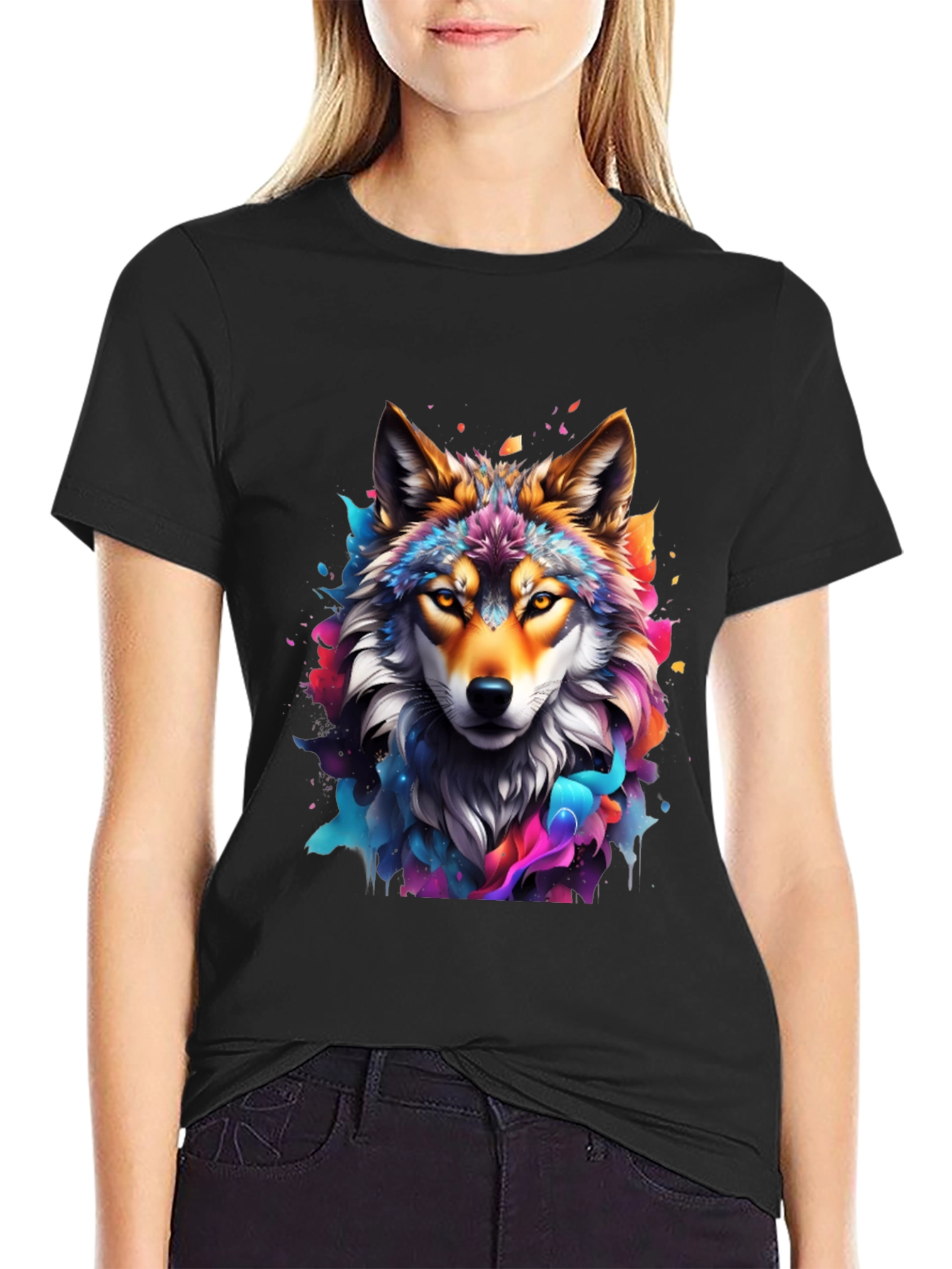Vibrant Wolf Graphic Tee - Artistic Mens Black T-Shirt