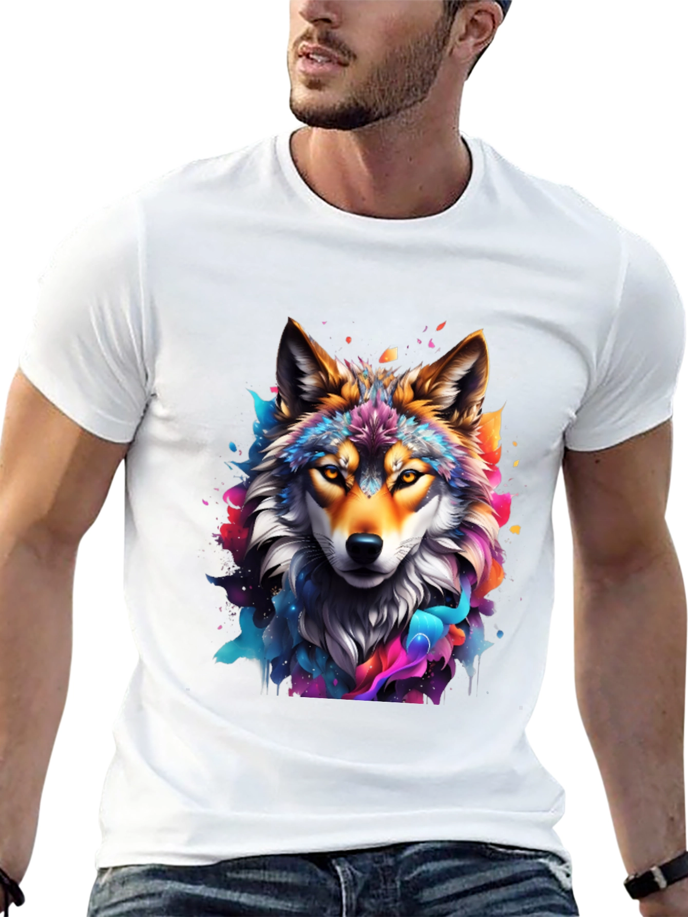 Vibrant Wolf Graphic Tee - Artistic Mens Black T-Shirt