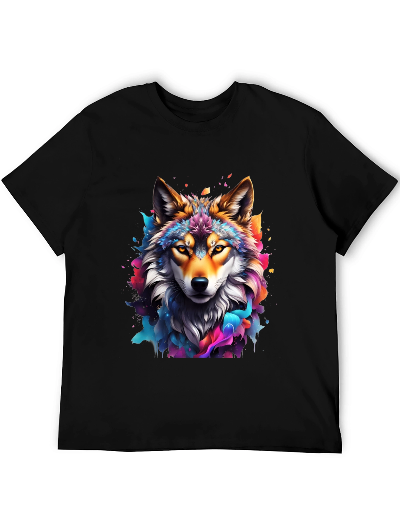 Vibrant Wolf Graphic Tee - Artistic Mens Black T-Shirt