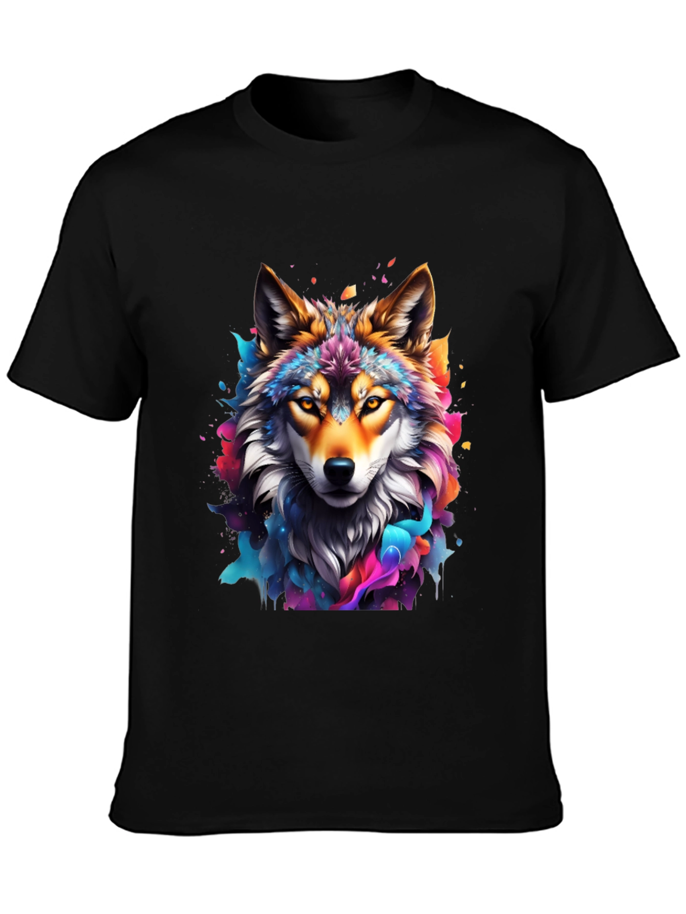 Vibrant Wolf Graphic Tee - Artistic Mens Black T-Shirt