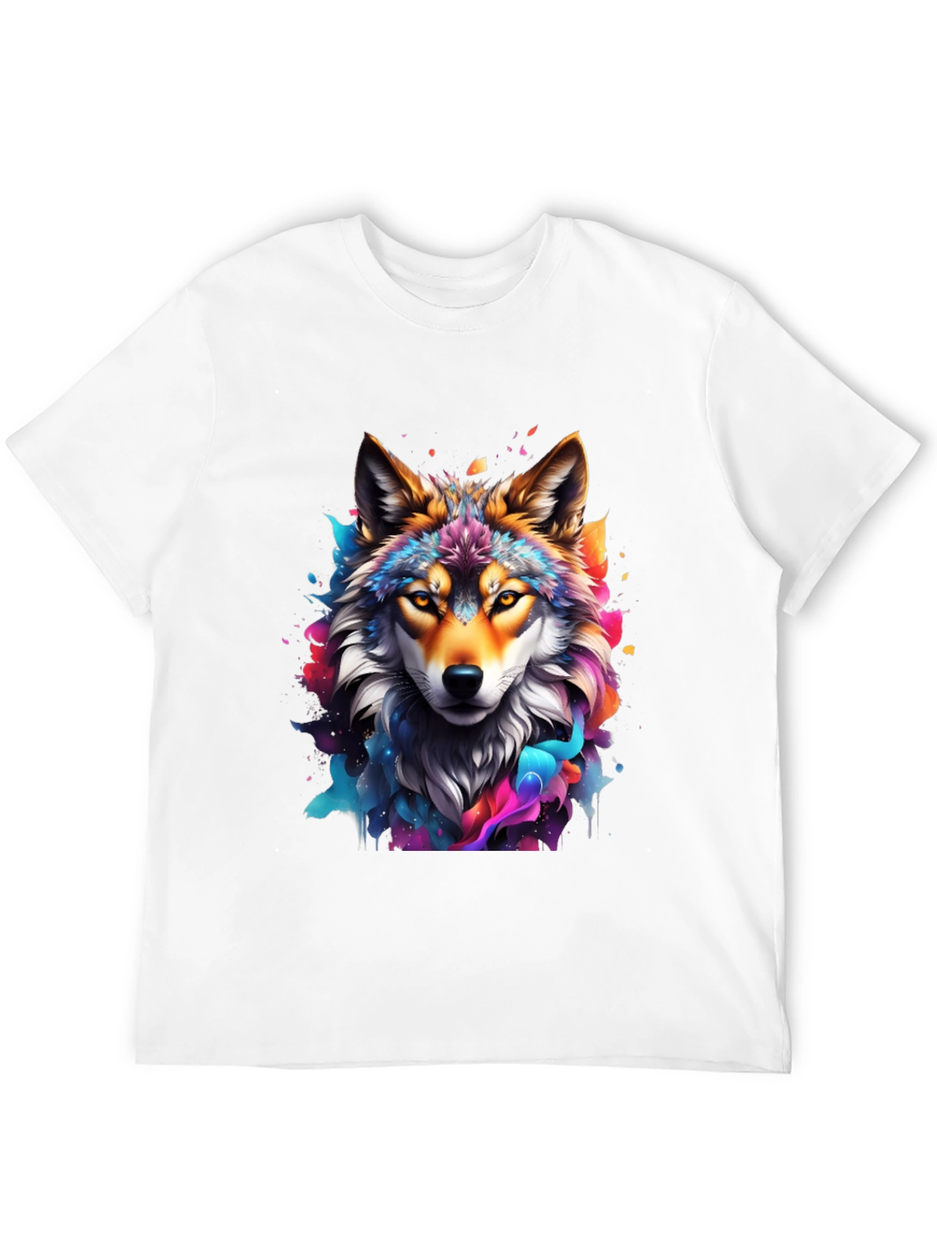 Vibrant Wolf Graphic Tee - Artistic Mens Black T-Shirt