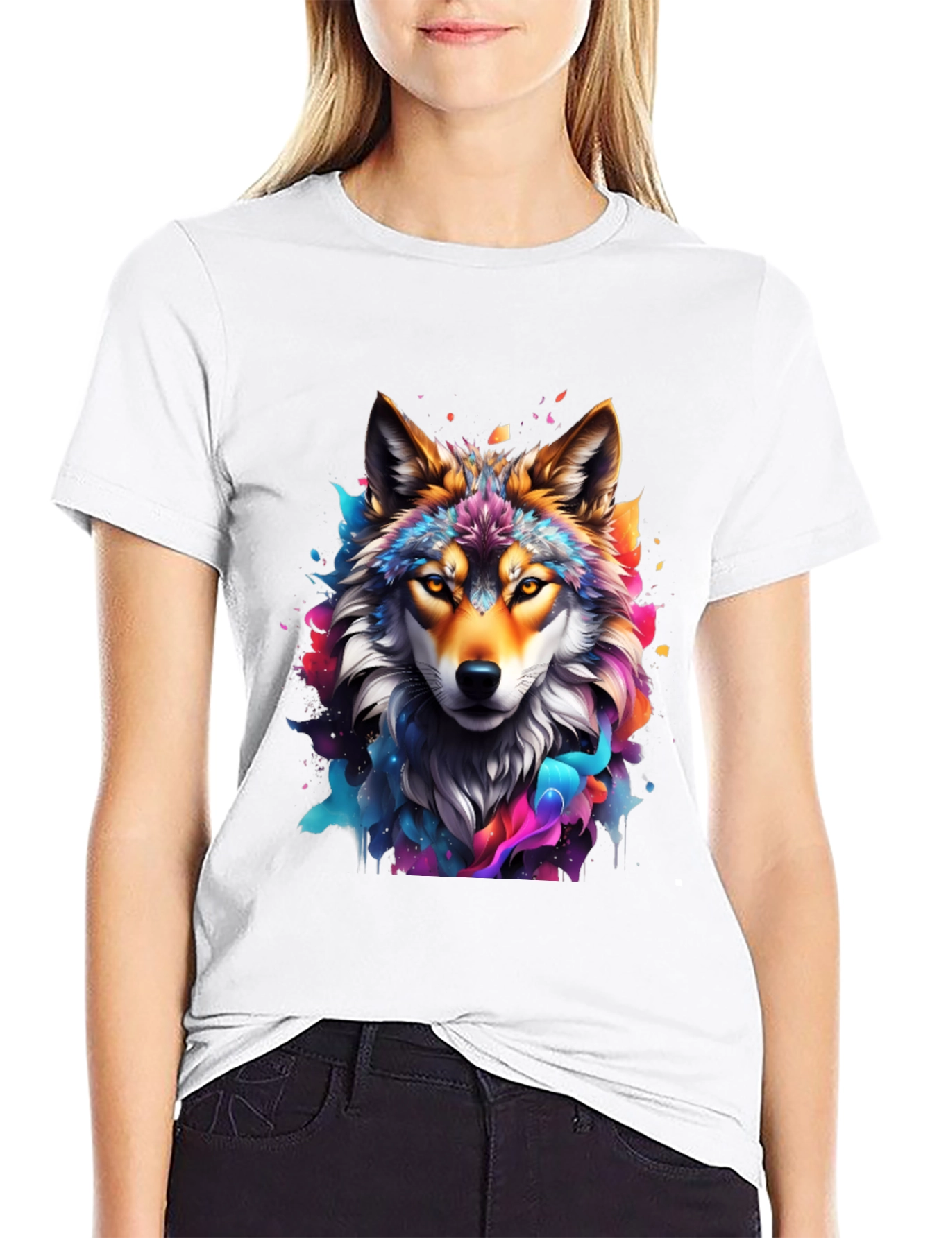 Vibrant Wolf Graphic Tee - Artistic Mens Black T-Shirt