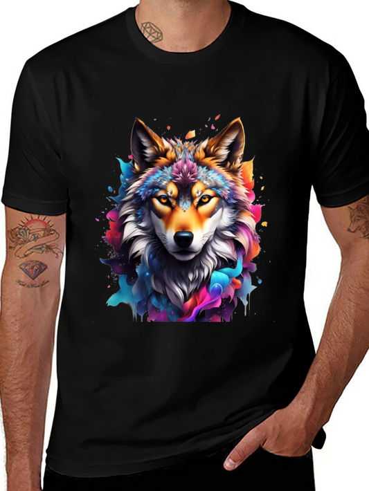 Vibrant Wolf Graphic Tee - Artistic Mens Black T-Shirt