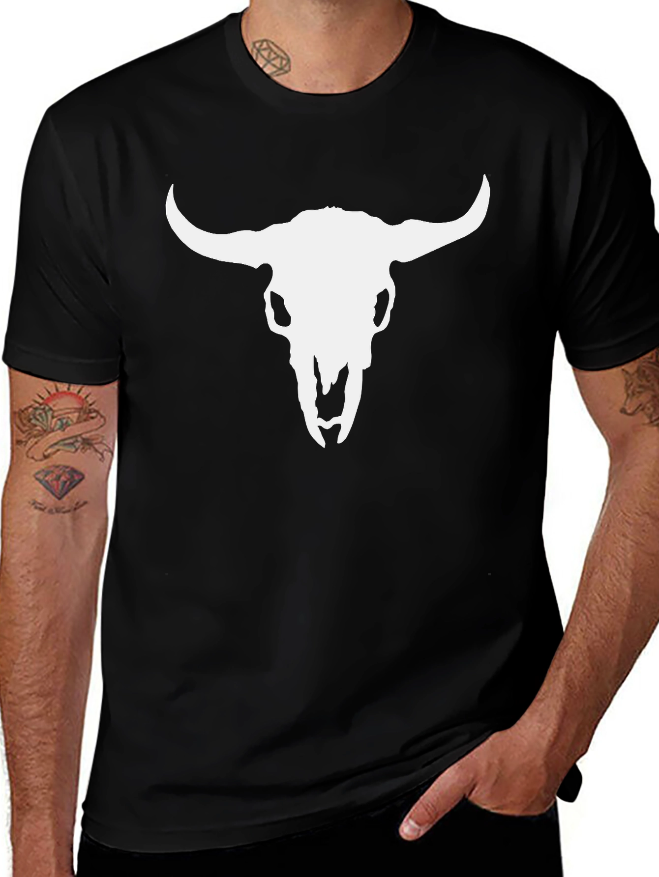 White Bull Skull Graphic Black T-Shirt