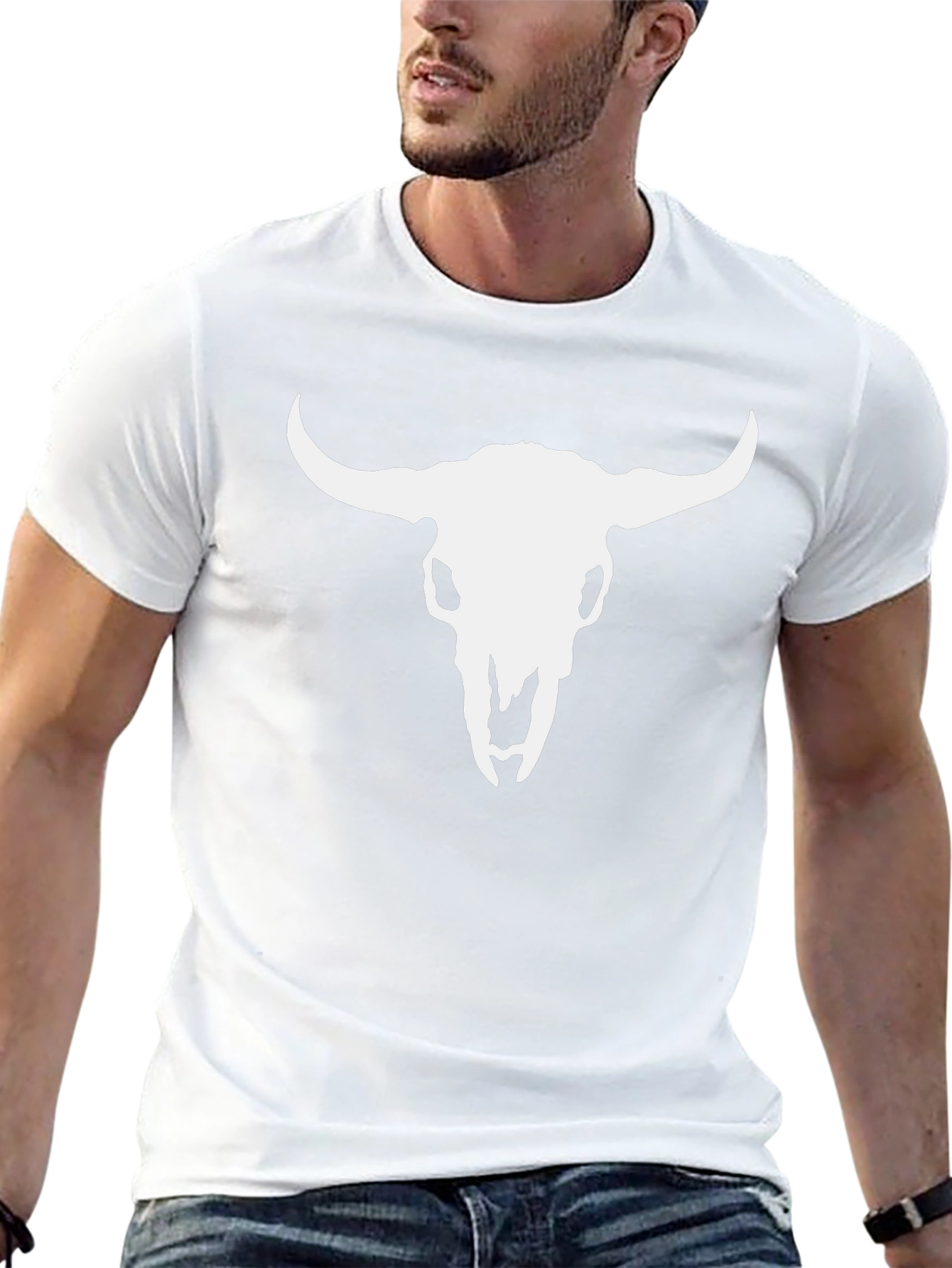 White Bull Skull Graphic Black T-Shirt