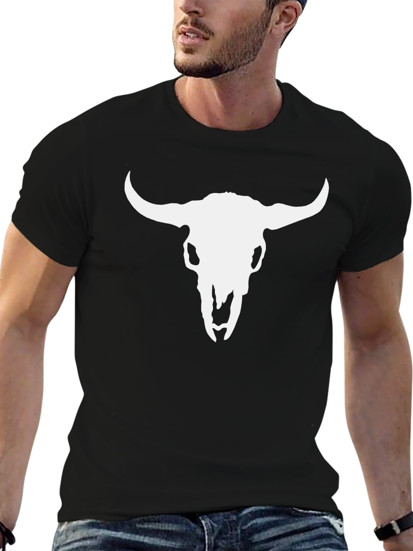 White Bull Skull Graphic Black T-Shirt