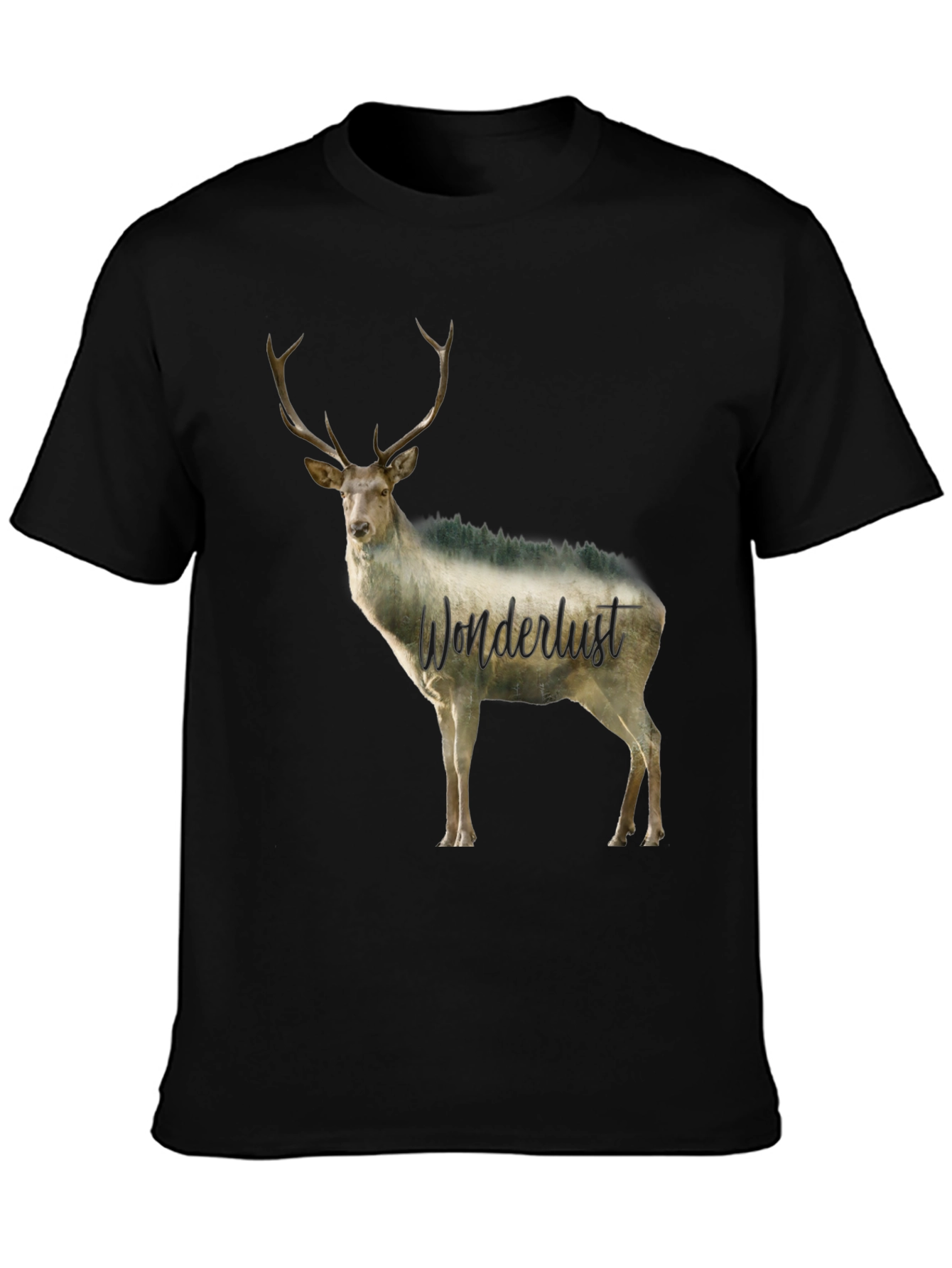 Wanderlust Deer Graphic Tee - Black Crew Neck