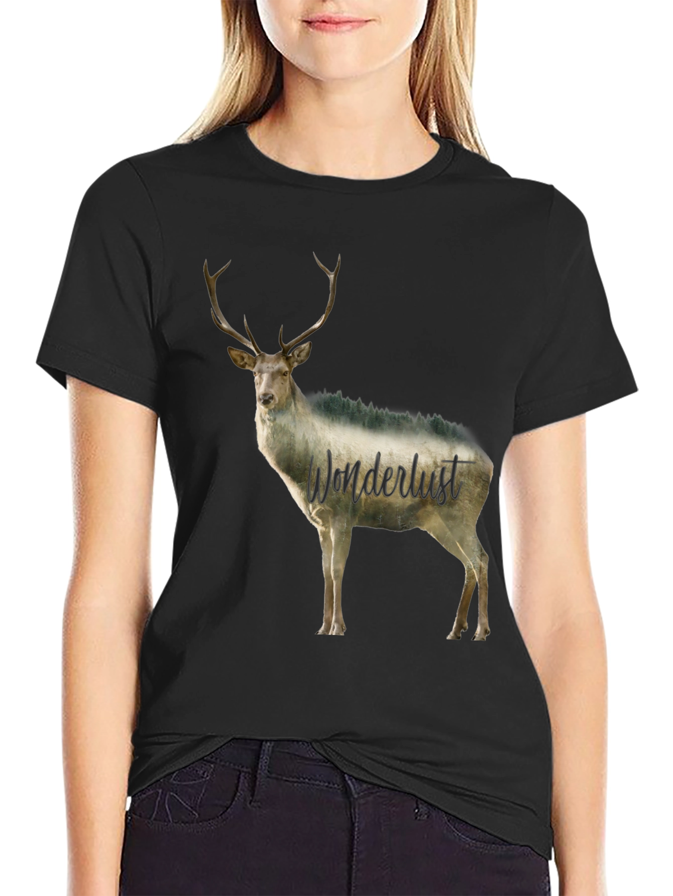 Wanderlust Deer Graphic Tee - Black Crew Neck