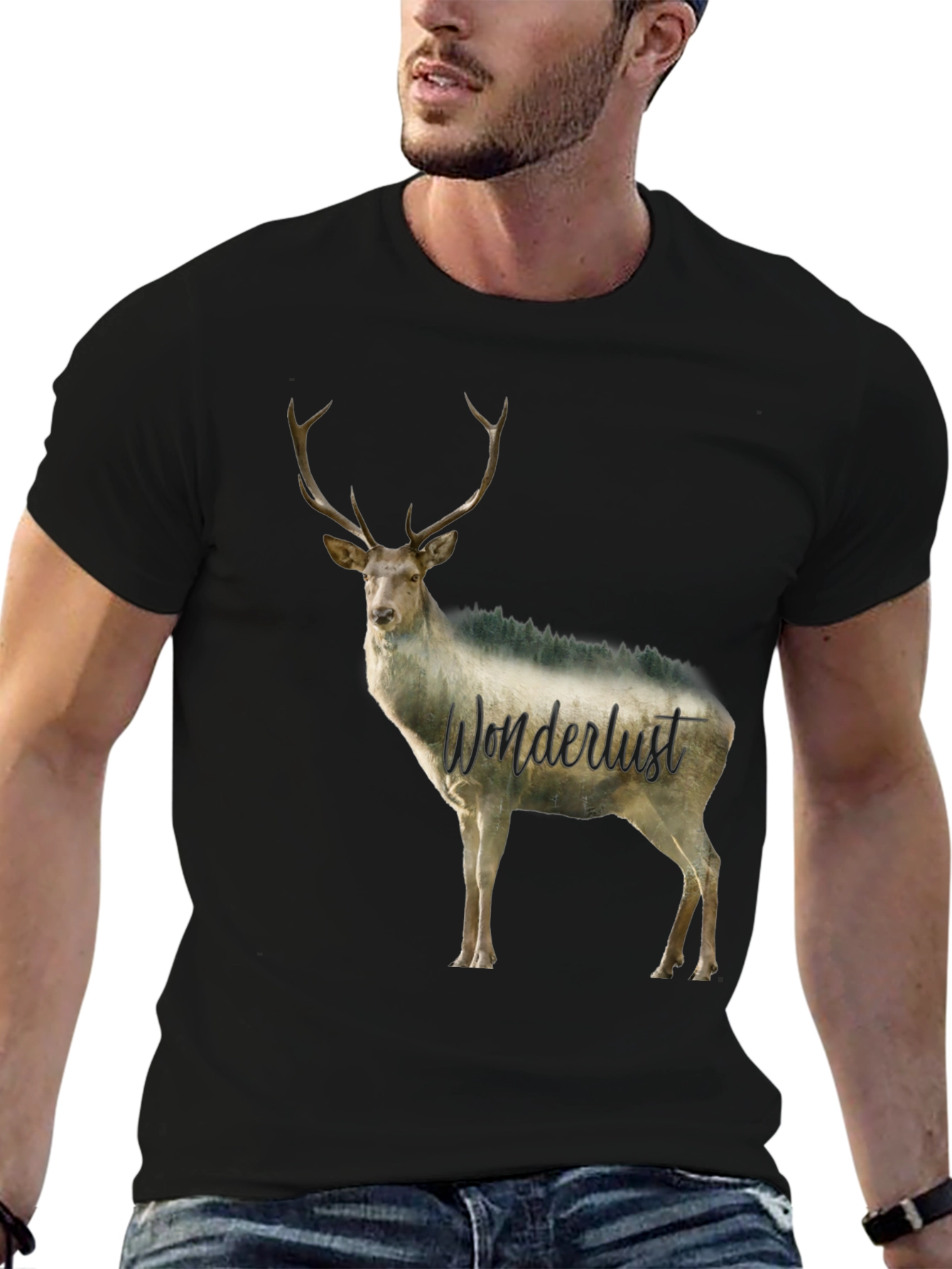 Wanderlust Deer Graphic Tee - Black Crew Neck