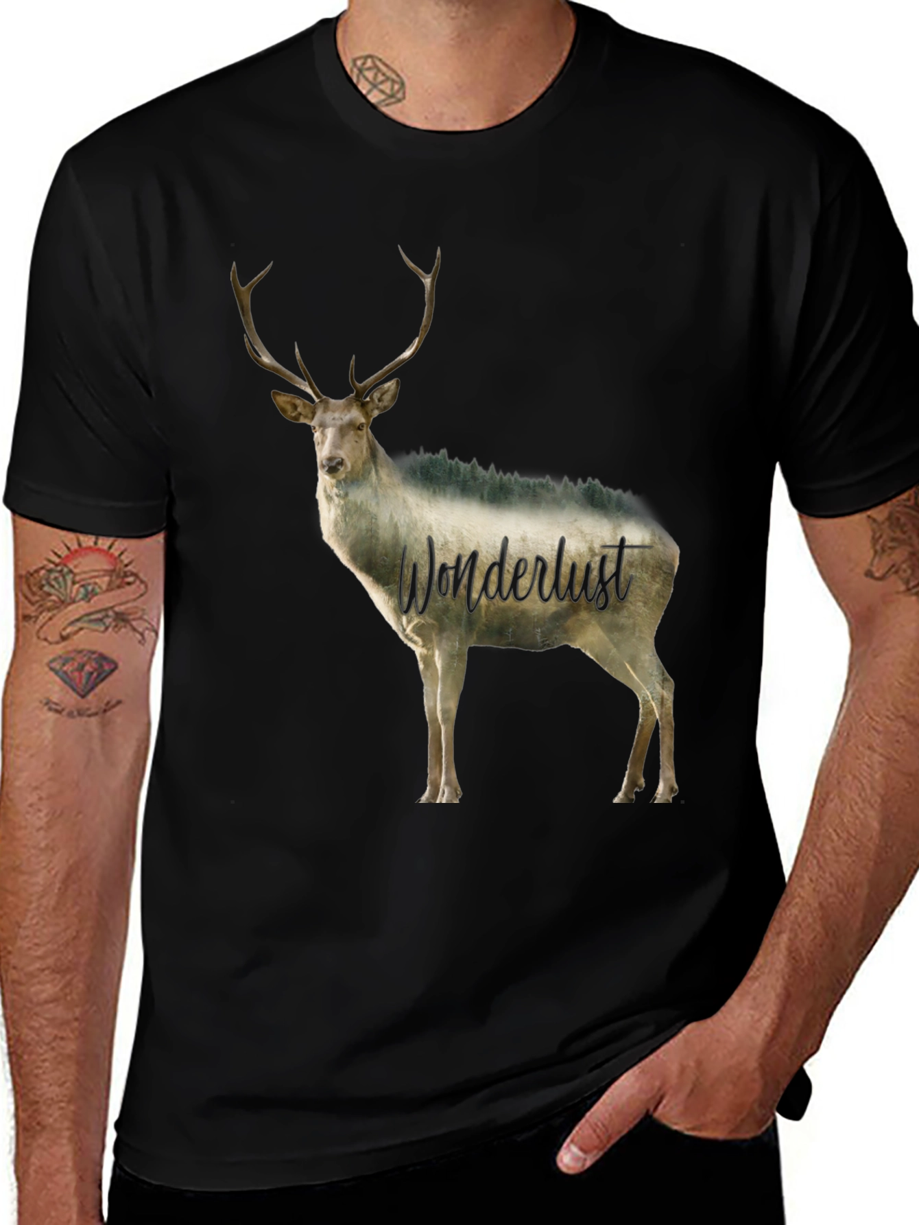 Wanderlust Deer Graphic Tee - Black Crew Neck