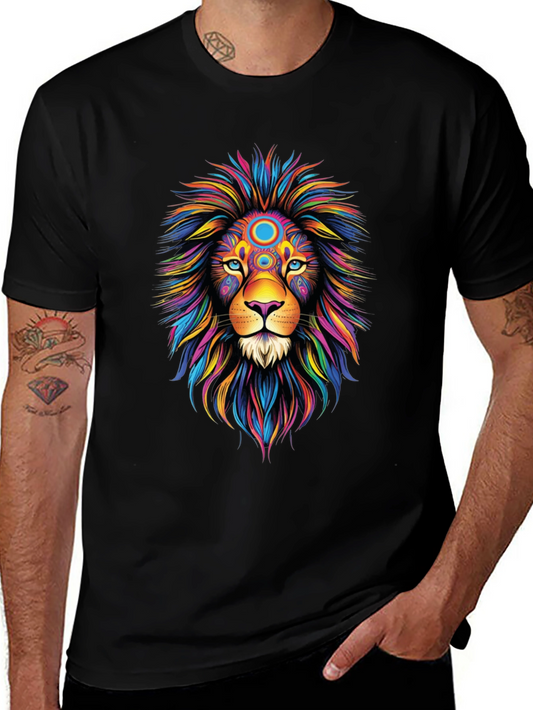 Vibrant Lion Graphic Tee - Black Cotton T-Shirt