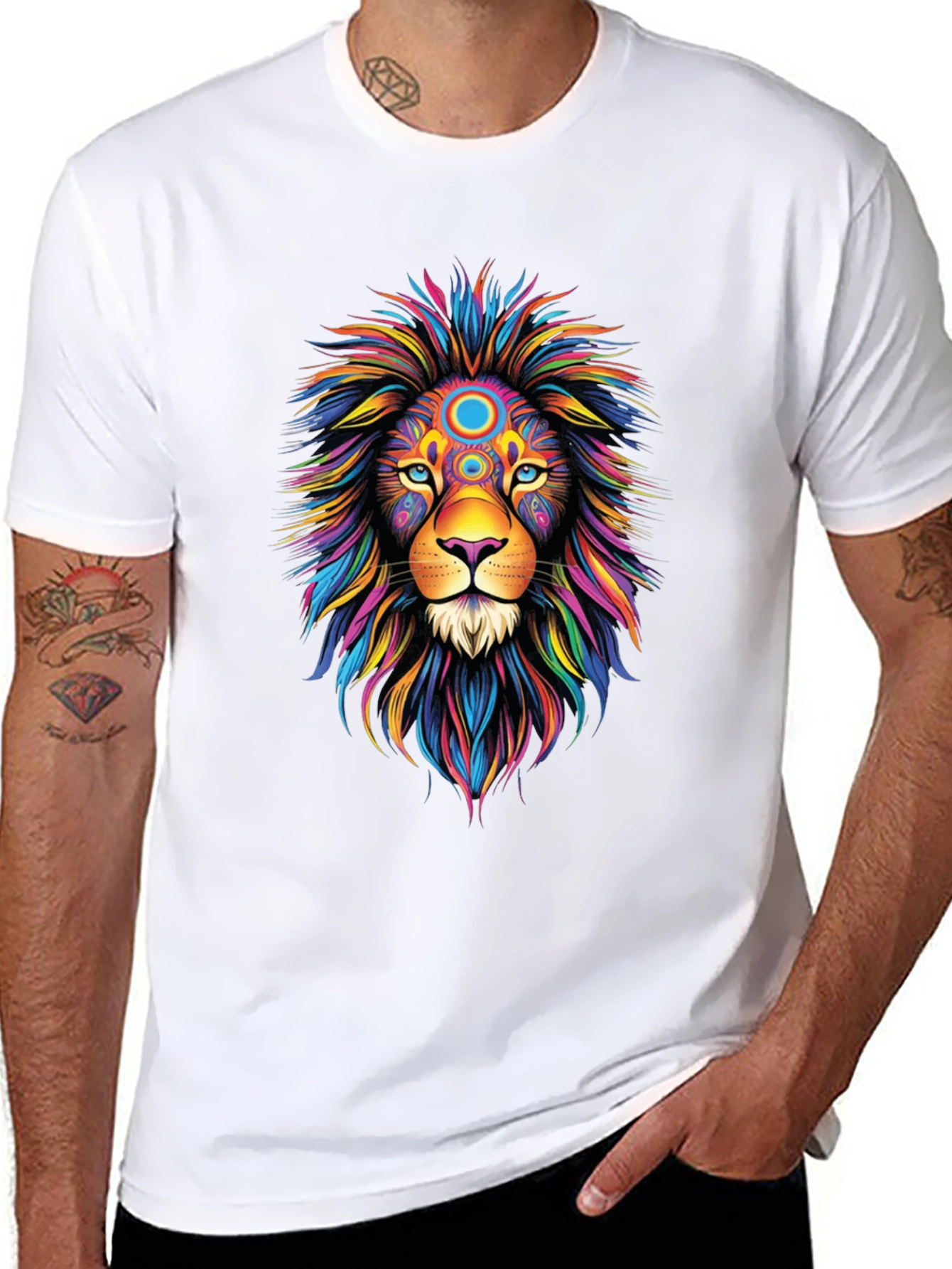 Vibrant Lion Graphic Tee - Black Cotton T-Shirt