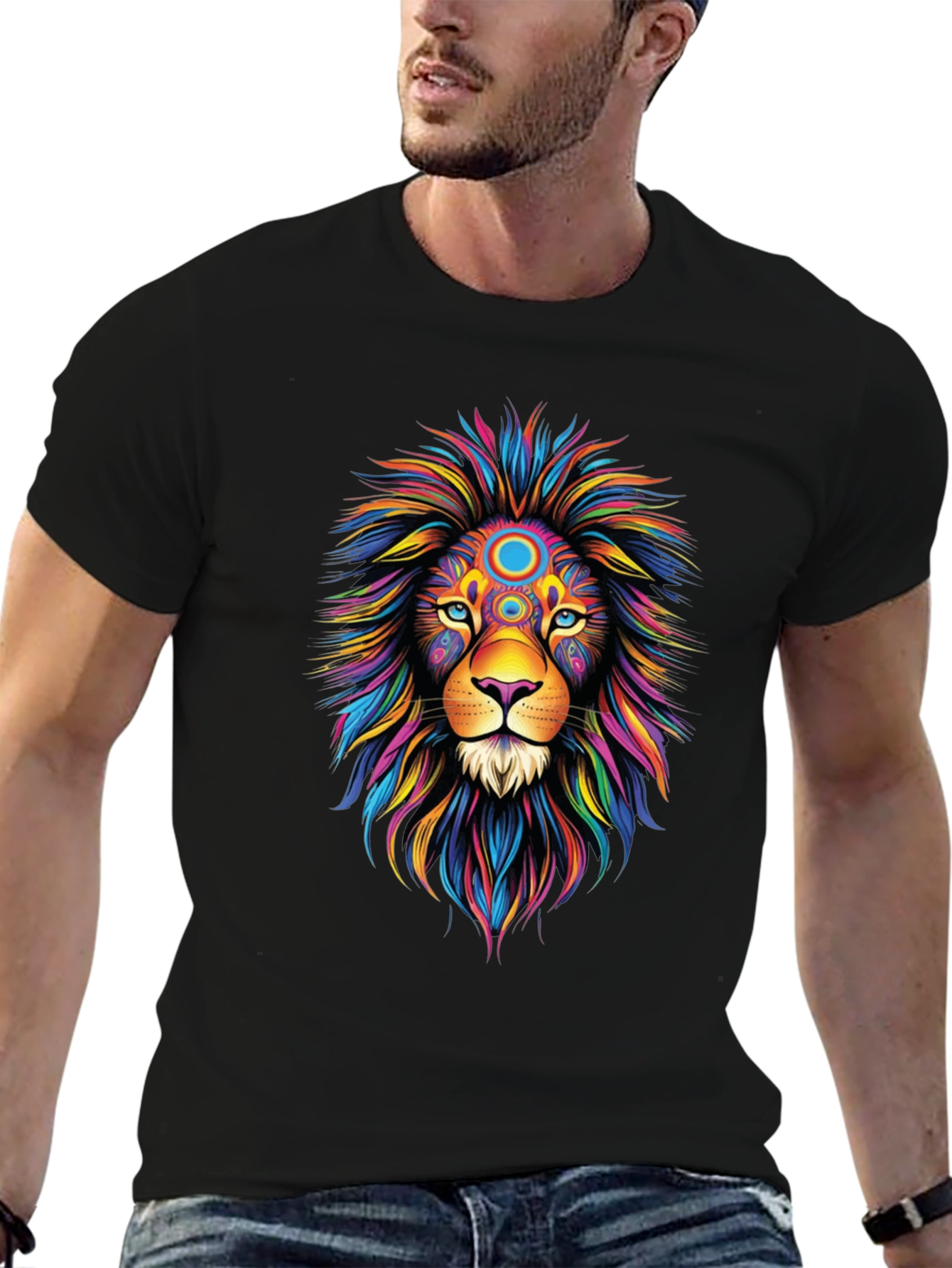 Vibrant Lion Graphic Tee - Black Cotton T-Shirt
